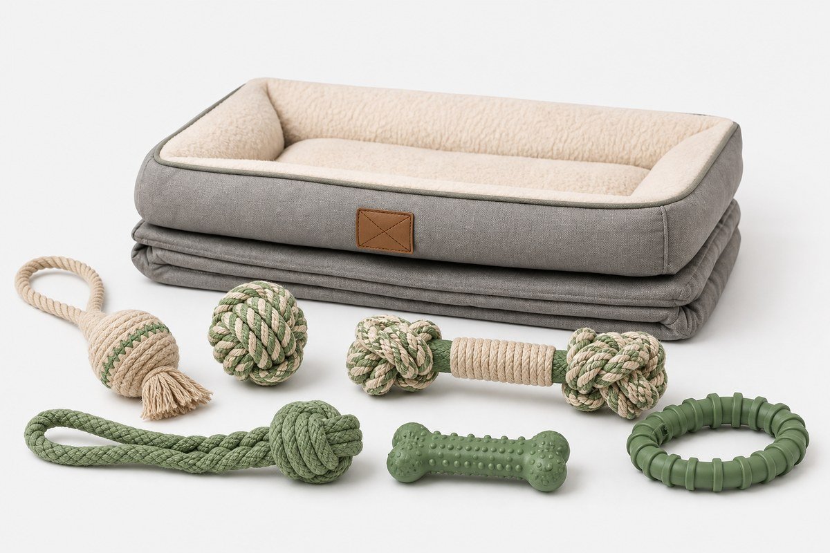 Eco-friendly pet toys and washable pet beds